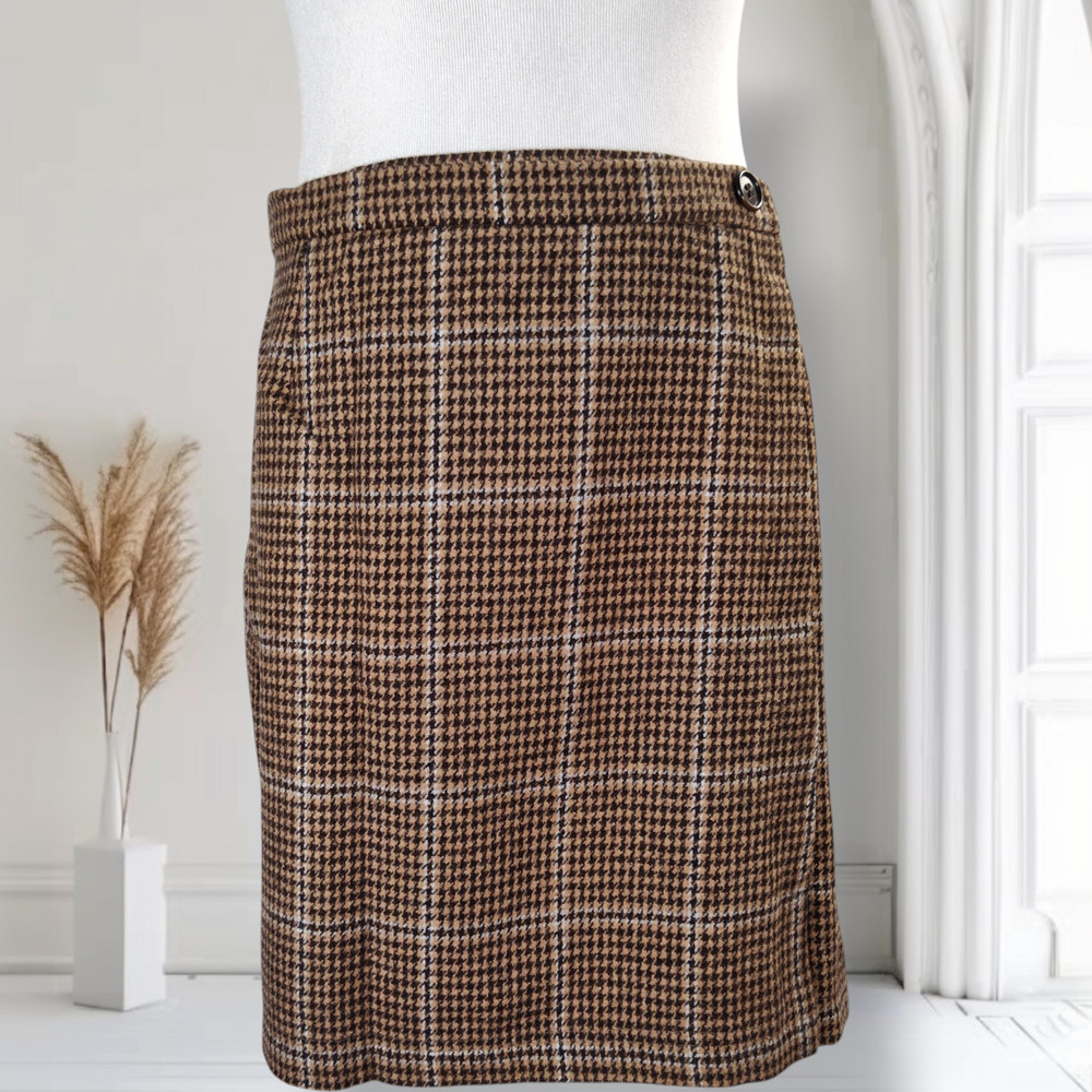 Vintage J.Crew Wool Plaid Wrap Mini Skirt 8 Brown Dark Academia 90s